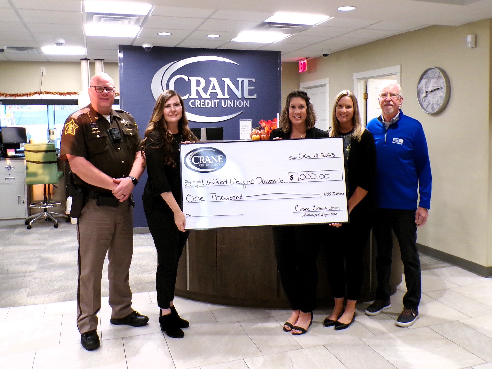 Photo features: Steve Sturgis, Board Vice Chair; Zella Taylor, UWDC CEO/ED; Lisa Cox, Crane CU branch manager; Cassie Ennis, Assistant branch manager Crane CU; Steve Sacksteder, Board Chairman 